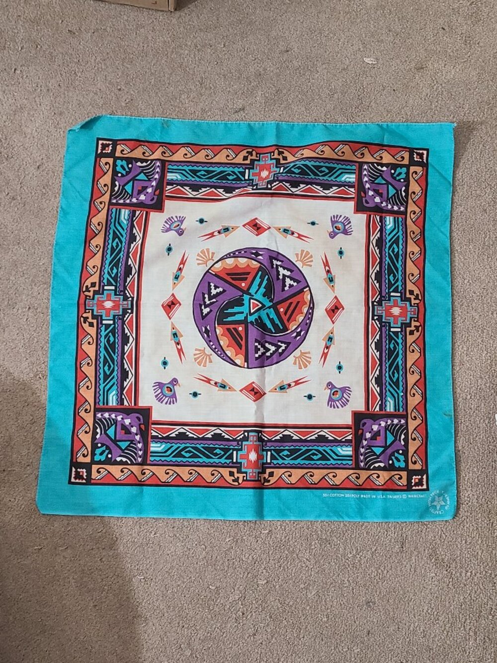 Vintage Bandana USA WAMCRAFT Aztec Native Eagle Teal Purple